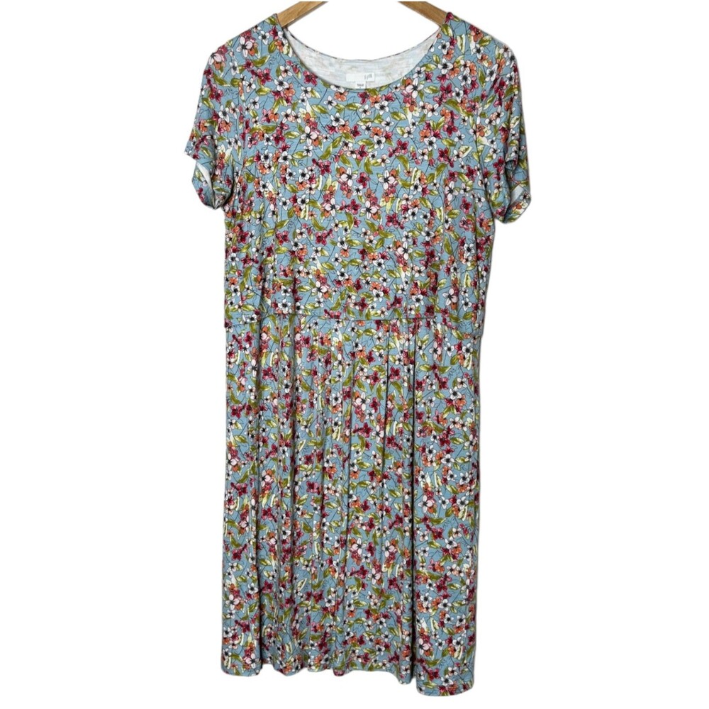 J Jill T-Shirt Dress Micro Floral Layered Button Back Blue Pink Women's Small